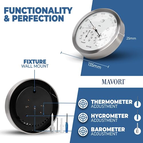Mavori WSA ® 3In1 Weather Station Analog - Barometer, Hygrometer & Thermometer For Indoor - Ø 13,5Cm Stainless Steel Frame With Acrylic Glass - Great Barometers For Home - Barometric Pressure Gauge thumb #2