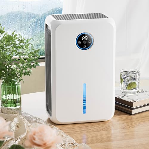 Deumidificatore ad alta efficienza energetica con serbatoio dell'acqua di grande capacità da 2,2 l, timer 12 ore, telecomando, spegnimento automatico, sistema di umidità intelligente per casa e