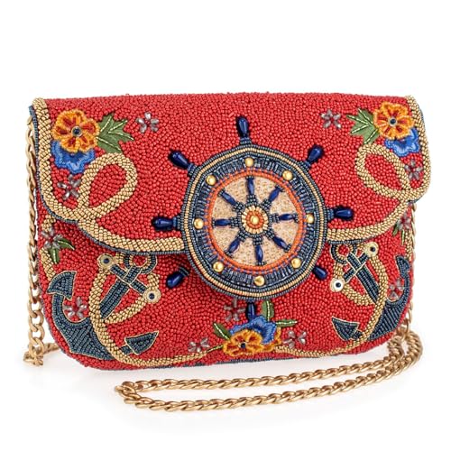 Mary Frances Captain's Helm Beaded Crossbody Handbag Nautical Wheel Clutch Purse Anchor Embellished Evening Bag, Red