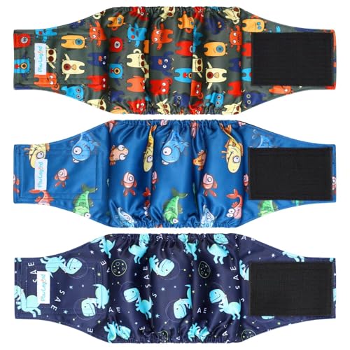 Image of Paw Legend Washable Dog Belly Band Wrap Diapers for Male Dog | High Absorbing Puppy & Doggy Diapers Male (3 Pack, X-Large), PL-B-MP-1, Monster&Dinosaur&Fish