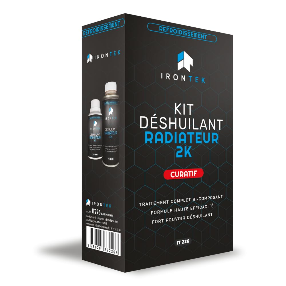 Déshuilant Radiateur 2K Curatif 2x150ml - IRONTEK | IT226 | Bi-Composant | Élimine Huile Boues Tartre | sans Démontage | Nettoyage Complet Système Refroidissement