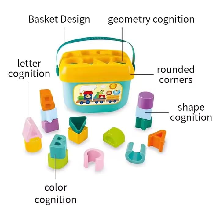 Image of PLUSPOINT Shape Sorting Blocks with Basket Babys First Educational Activity Toys 8 Shapes 2 Each Sorting Cubes for Kids Development with Storage Bucket Counting Learning Toys for Toddlers