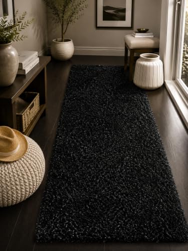 Image of Shaggy Runner Carpet 2x5 Ft| Soft Fluffy Microfiber & (Black)