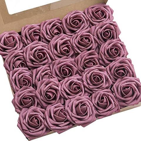 Ling's Moment Roses Artificial Flowers 25pcs Realistic Mauve Roses with Stem for DIY Wedding Centerpieces Bouquets Arrangements Flower Decorations Cover