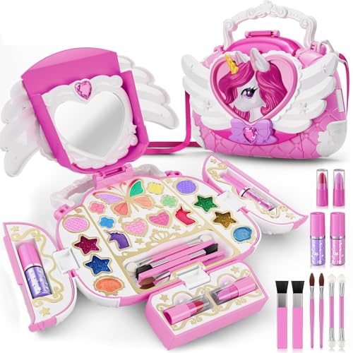 Unicorn Kids Makeup Kit with Mirror & Strap Real Washable Cosmetic Set All-in-1 Cute Unicorn Make Up Purse Princess Toy Birthday Gifts for 3 4 5 6 7 8 9 10 11 12 Year Old Girls Age 3-4 4-6 6-8 8-10