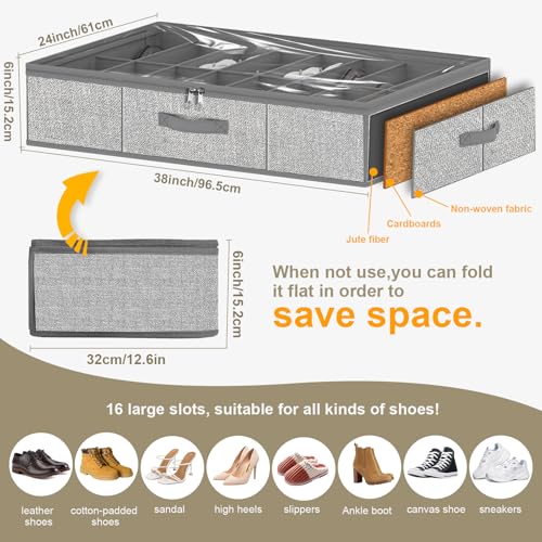 homyfort 32 Pairs Shoe Organizer Under Bed, Underbed Shoe Storage Boxes Bins, Organizador De Zapatos, Extra Large Zapateras Organizer, Grey, Set of 2