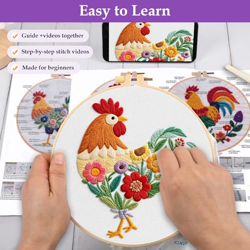 Image of Uniartfy 3 Pack Funny Rooster and Flower Embroidery Kits for Beginners, Animal Cross Stitch Kit for Adults, DIY Needlepoint with Stamped Pattern, Embroidery Hoop, Tools, Colorful Threads, Instructions