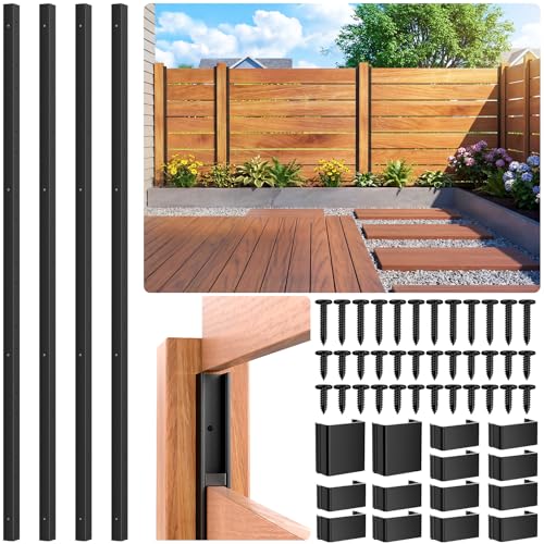 LukLoy 4 Pack 4FT Aluminum U-Channel Privacy Fence Posts, Fit for 3/4 inch Wood Boards, Rustproof & Weather-Resistant, Sand-Textured Black No-Dig Outdoor Fence Panels Posts for Backyard, Patio, Garden