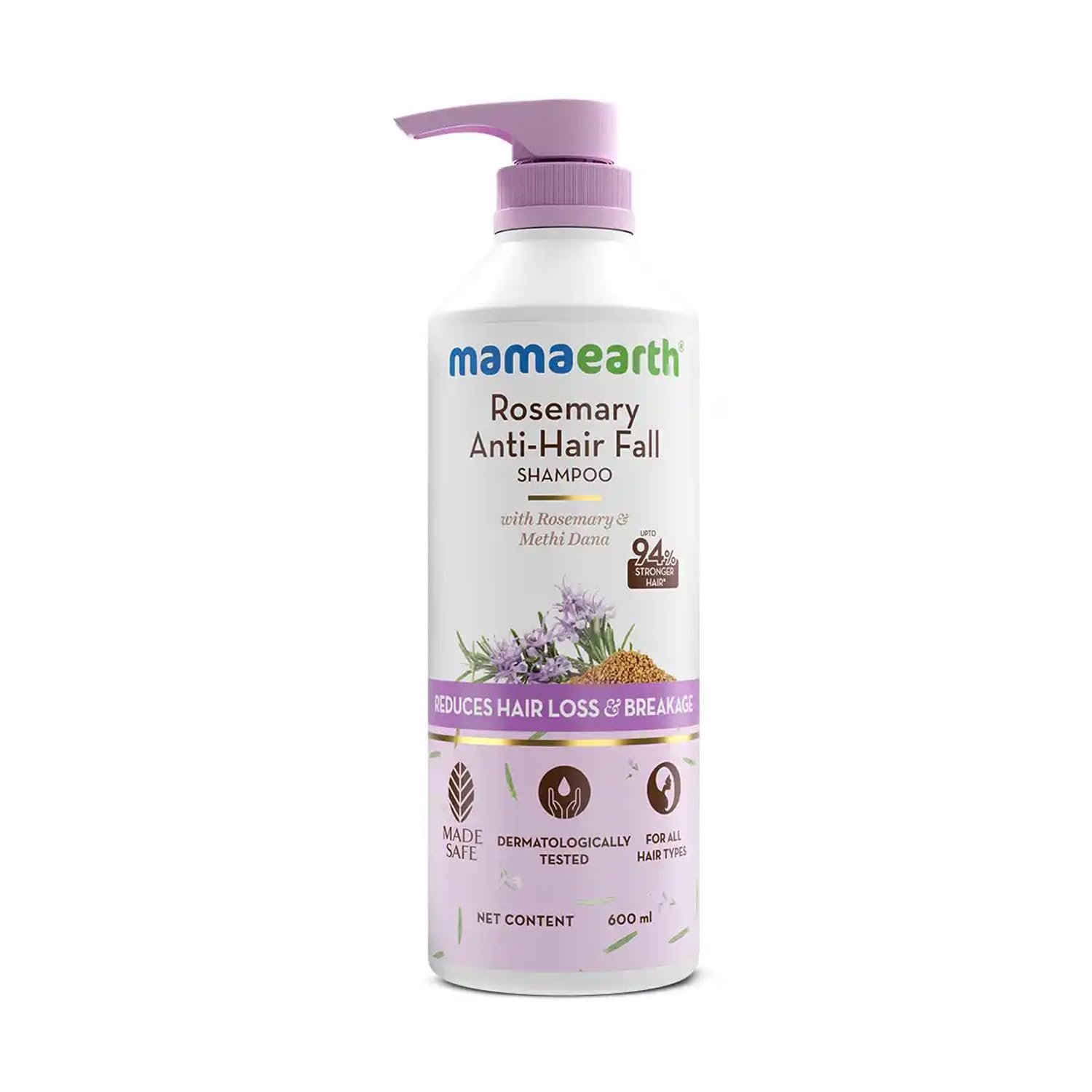 Mamaearth Rosemary Anti-Hair Fall Shampoo With Rosemary & Methi Dana For Reducing Hair Loss & Breakage,Gives Up To 94% Stronger Hair,Up To 93% Less Hair Fall |Sulphate Free Shampoo |For Unisex,600 Ml