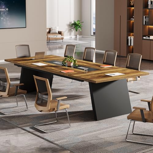 Tribesigns 8ft Conference Room Table, Modern Office Meeting Desk with Cable Management, Large Business Seminar Furniture for Boardroom (1, Light Brown + Black)