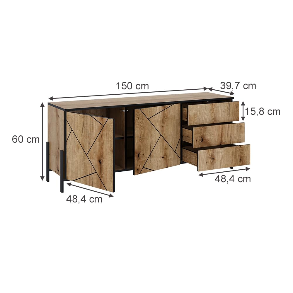 Vicco Meuble TV Hatto, Chêne, 150x60cm avec Portes et tiroirs, adapté au Rangement et au Stockage dans la Chambre à Coucher
