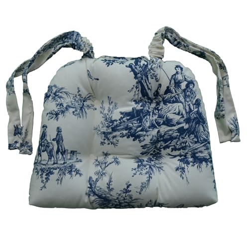 Thomasville At Home Bouvier Blue- Toile Chair Pad - Pack of 4 with Ties, Indoor, Cotton Cover, 17x14, Polyester Fiber Fill, Made in USA, Kitchen/Dining, (4)