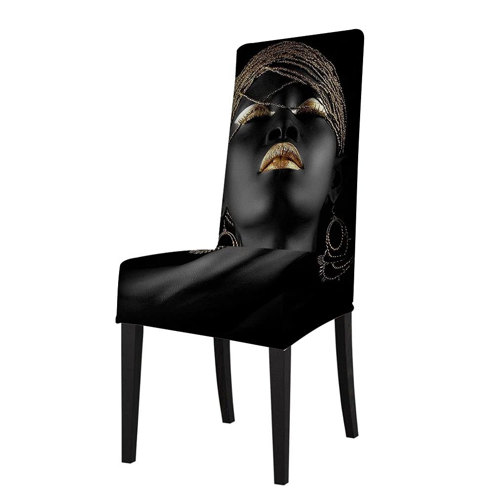 WONDERTIFY African American Woman Chair Covers for Dining Room Afro Girl Stretch Slipcovers Chair Protector Decor for Home and Banquet Gold Black