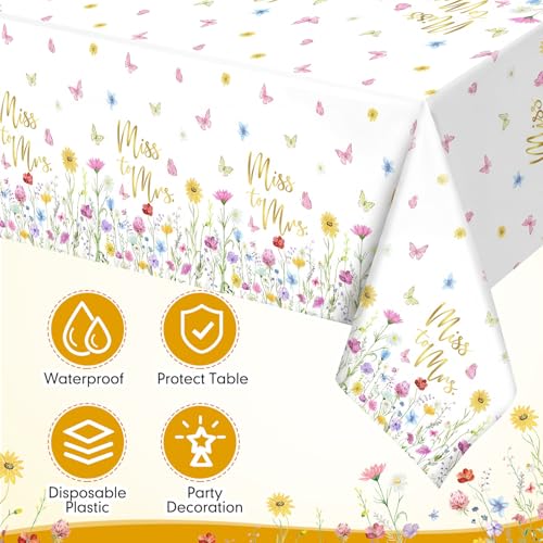 Image of Ganeen 3 Pcs Miss to Mrs Tablecloths Disposable Plastic Bridal Shower Table Cloths Gold Floral Rectangle Table Cover Waterproof for Wedding Bridal Shower Engagement Party Decorations, 54 x 108 Inch