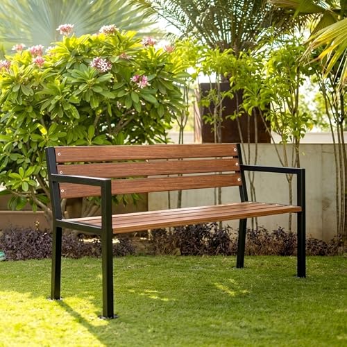 Image of BRISHI 3 Seater Metal Iron FRP Garden Bench for Indoor & Outdoor Park /Patio /Living Room /Terrace /Balcony /Office (Black + Wooden Texture)