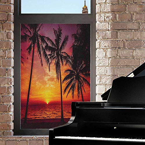Tropical Frosted Window Film Privacy Window Film,Sunset Tropical Beach With Palm Trees Peaceful Ocean Evening View Resort Kitchen Decoration For Home Office Removable,Orange Black 24" X 36" #TOP2
