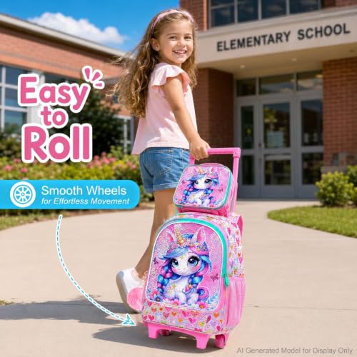 Image of CCJPX 18 inch Unicorn Rolling Backpack for Girls, 3Pcs Kids Wheeled Bookbag with Lunch Box, Lightweight Roller School Bag for Elementary Preschool (Pink)