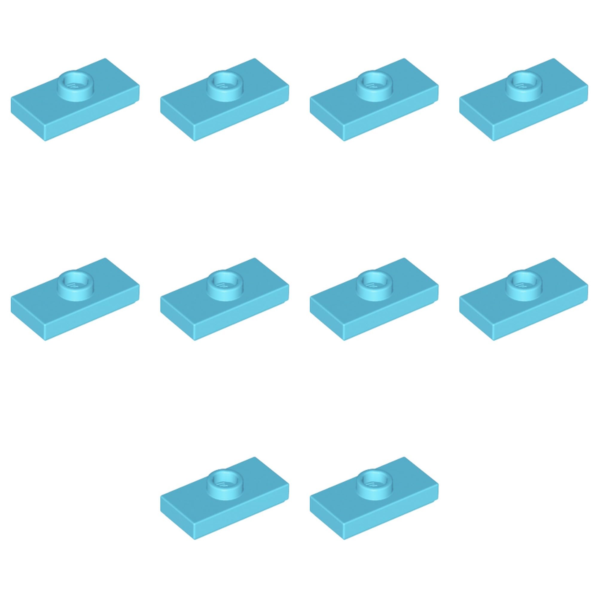 LEGO Modified 1 x 2 with 1 Stud with Groove and Bottom Stud Holder (Jumper), Part 15573 (Medium Azure, 10, Bricks)