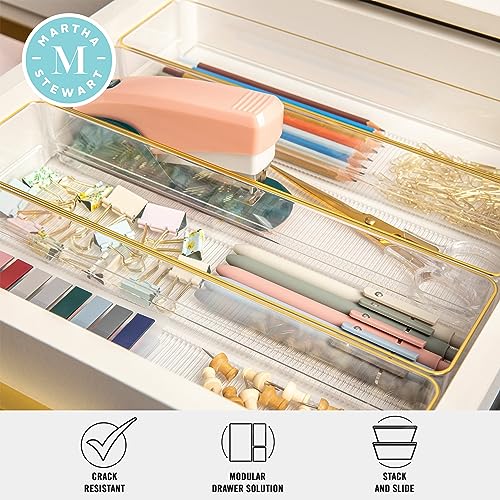 Image of Martha Stewart Kerry Plastic Stackable Office Desk Drawer Organizers, 9 inch x 3 inch, 8 Pack, with Gold Trim