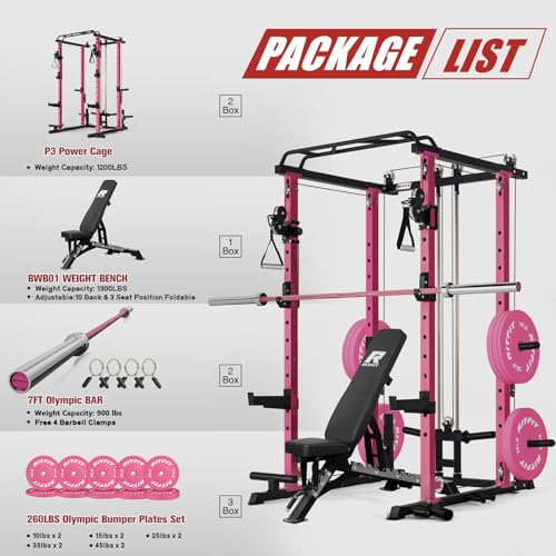 Image of RitFit Multi-Function Garage & Home Gym Package Includes 1200LBS Power Cage PPC03 /P3 with Cable Crossover System, Weight Bench, Olympic Barbell Weight Set, Full Body Workout