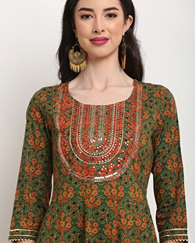 Image of ROLYPOLY Women's Green And Red Coloured Pure Cambric Cotton Sequence Embroidered Kurta Set With Dupatta (ROLYVL213-P)