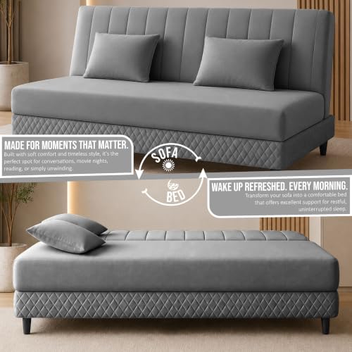 Image of Rosebell Modern 3 Seater Velvet Sofa Cum Bed with Cushion | Premium Upholstered Fabric | Tufted Backrest | Wooden Legs | Living Room Furniture | Grey