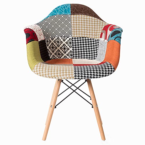 Mid-Century Modern Upholstered Plastic Multicolor Fabric Patchwork Daw Shell Dining Chair With Wooden Dowel Eiffel Legs #TOP3