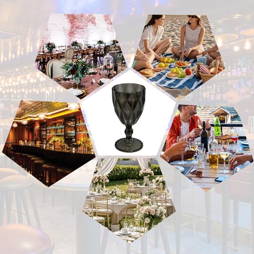 Image of 32 Pack Vintage Wine Glasses, Plastic Reusable 12 Ounce Colored Water Goblets, Unique Embossed Pattern Unbreakable Stemmed Wine Glasses, High Clear Wedding Party Bar Drinking Cups Black