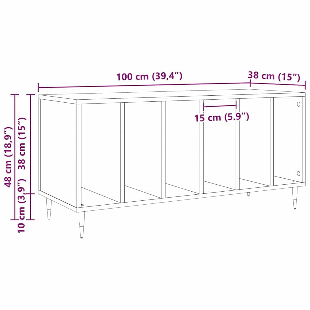 Schallplattenschrank Schwarz Eichen-Optik aus Holzwerkstoff 100 x 38 x 48 cm mit 6 Regalen, vielseitiges Wohnzimmer Regal für Vinyl, Medien, CD, DVD, Blu Ray, HiFi und Gaming Zubehör