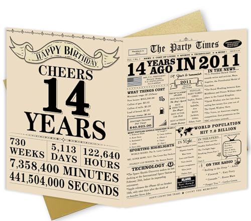 Retro 14th Birthday Card for Girls Boys, Funny 14th Birthday Gift Ideas for Daughter Son, Happy 14 Year Old Bday Decorations for Her Him