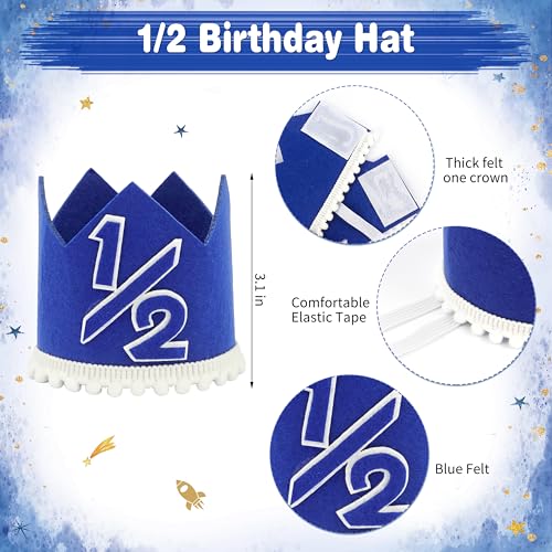 Image of 1 /2 Birthday Blue Half Birthday Decorations - Blue Star It's My 1 /2 Birth Banner, Glitter Cake Topper Tassel Wood Bead High Chair Banner & Crown, Hat Halfway to One Boy Girl Party Supplies