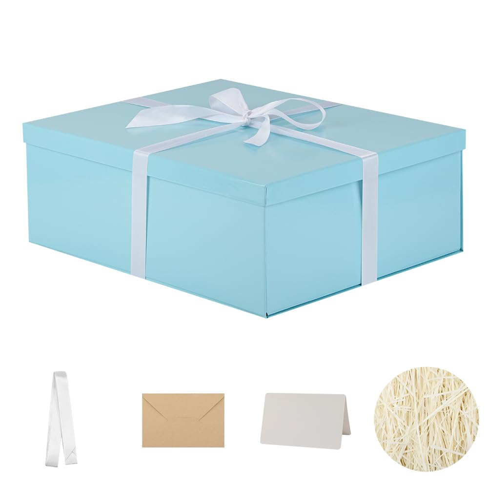 OBMMIRAO Boîte cadeau supplémentaire avec couvercle 43,2 x 33 x 15,2 cm, boîtes cadeaux bleues pour emballages cadeaux pour anniversaires, Saint-Valentin, Noël, anniversaires de mariage (comprend un