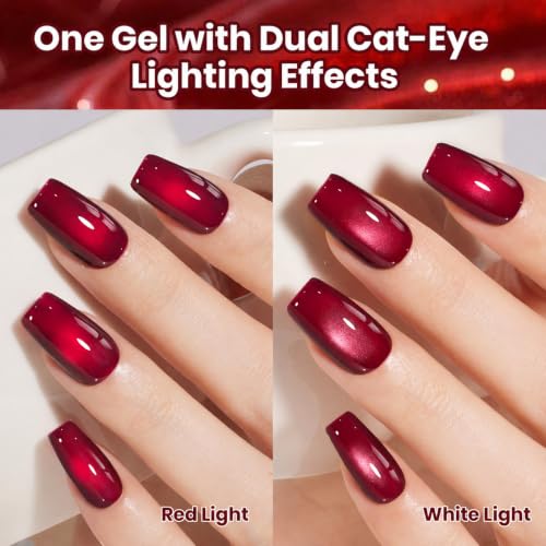 Image of Beetles Red Cat Eye Gel Nail Polish - Wine-Stained Cherry 15ML Magnetic Gel Polish 2 Cat Eye Effects White Glow & Ruby Glow Soak Off UV Glass Cat Eye Gel for Nail Art Salon DIY at Home