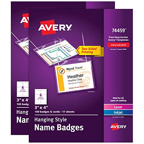Image of Avery Customizable Name Badges, 3 inch x 4 inch, 2 Packs, 200 Badge Holders with Cords and 204 Printable Name Tag Inserts Total (46019)