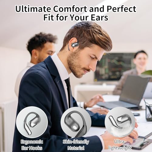 Open Ear Clip Wireless Earbuds Bone Conduction Headphones, Bluetooth 5.4, Open Ear Design, Built-in Mic, IPX7 Waterproof, LED Display Charging Case,Ear Hooks Ear Buds,Design for Running Fitness