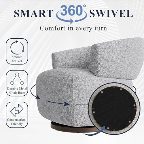 RoyalCraft Swivel Accent Chair, Fully Assembled Round Barrel Chairs, Oversized Upholstered Armchair with 360-Degree Base, Modern Club Chair for Living Room, Bedroom, Office, Grey - Thumbnail 4