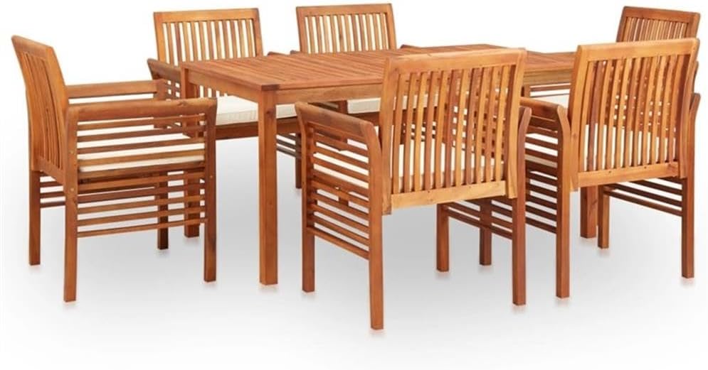 BOWERY HILL 7-Piece Outdoor Dining Set, Solid Acacia Wood, Brown Frame, Cream Cushions, Rectangular Table 59.1 in Wide, Weather-Resistant, Garden or Patio Seating for 6