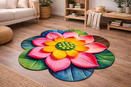 Image of 3D Lotus & Floral Door Mat | Water Absorbent, Anti-Skid, Machine Washable Floor Mat | Soft Microfiber Carpet for Home, Living Room & Bedroom | Premium Decorative Mat (24x24 Inch, 300g) (Pink, Lotus)