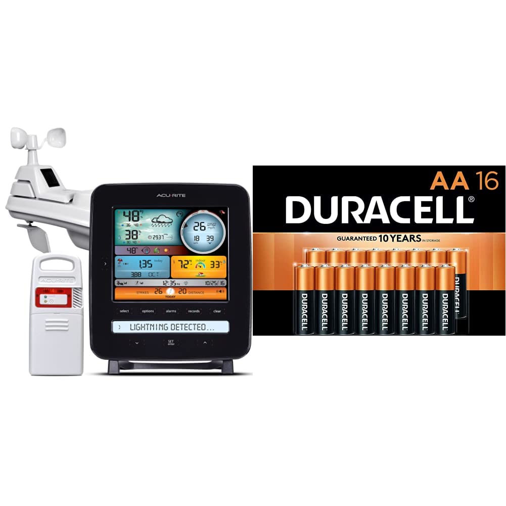 AcuRite Iris (5-in-1) Professional Weather Station with LCD Display and Lightning Detection | Duracell Coppertop AA Batteries with Power Boost Ingredients, 16 Count Pack Double A Battery