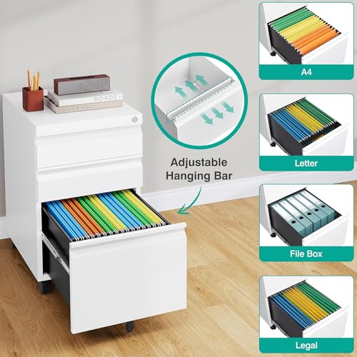 Image of Assembled 3 Drawer File Cabinet with Wheels,Under Desk File Cabinet with Lock,White Rolling Filing Cabinets, Metal Filing Cabinets for Home Office,Fit A4 /Letter /Legal,Pre-Assembled Except Caster