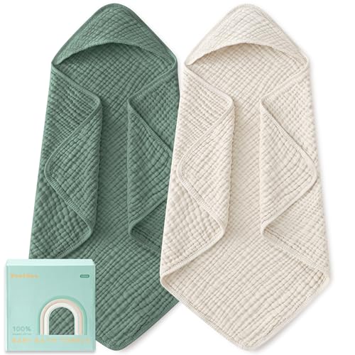 Image of Yoofoss Hooded Baby Towels for Newborn 2 Pack 100% Muslin Organic Cotton Baby Bath Towel with Hood for Babies, Infant, Toddler and Kids, Large 32x32Inch, Soft and Absorbent Newborn Essential