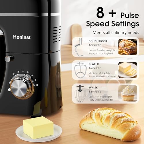 Honinst Stand Mixer, 7-IN-1 6.5QT 660W Multifunctional Electric Kitchen Mixers with Blender, Meat Grinder, Dough Hook, Whisk and Beater, 8-Speed Food Mixer for Baking, Cooking, Food Processing, Black
