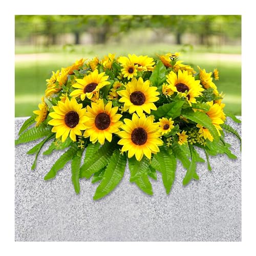 Headstone Flower Saddles Silk Realistic Yellow Grave Flowers for Cemetery Sunflower Outdoor Sympathy Memorial Day Flowers Arrangement image 8