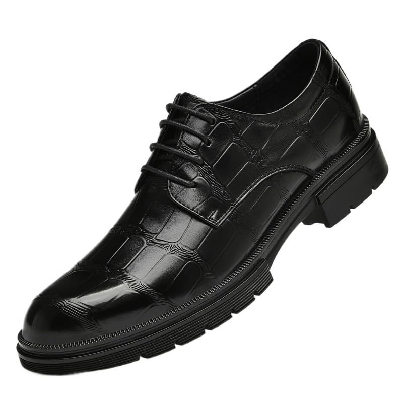Men's Genuine Leather Platform Mid Chunky Heels Dress Shoes Men Modern Leather Business Casual Scale Pattern Comfort Formal Shoes Non Slip Casual Work Oxfords