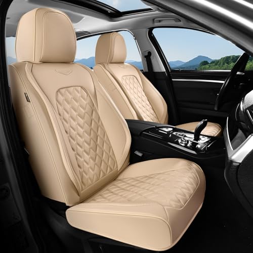 Image of Coverado Front Car Seat Covers, Faux Leather Oil-Resistant Non-Slip Cushions, Universal Fit for Sedans, Pickups, SUVs, Waterproof Seat Covers, Car Seat Protectors - Beige