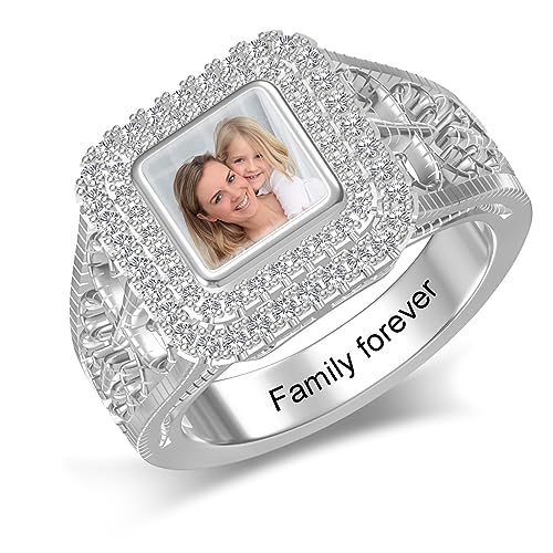 Customized Photo Ring Square/Heart Chunky Band Ring 925 Sterling Silver Personalized Picture Ring Promise Rings Anniversary Jewelry Gift For Her Women Inside Engraving