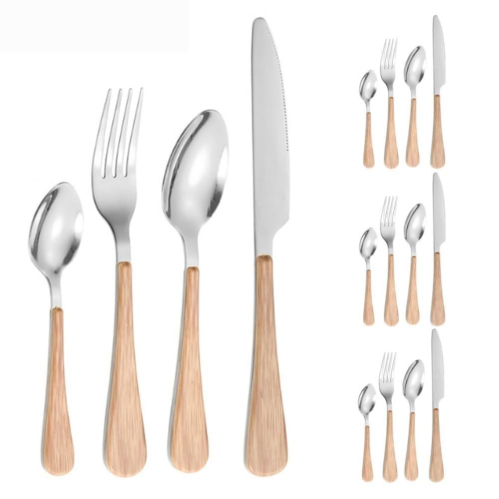 Manico Piatto in Legno Cucina Acciaio Inossidabile Posate Stoviglie Posate Coltelli Forchette Cucchiai Set, Hotel Home Coltello Da Bistecca Cucchiaio Da Dessert (Argento,16 pezzi)