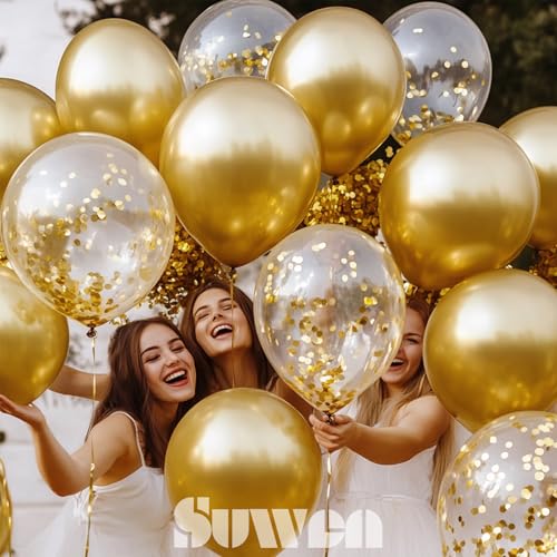 Image of SUWEN Metallic Gold and Confetti Balloons Set 47PCS Latex Helium Chrome | Gold Balloon for Birthday Graduation Anniversary Party Decorations