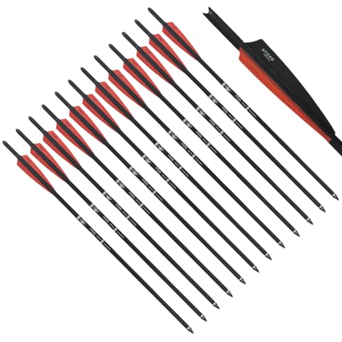 XTCXCARCHERY 20 22 Inch Carbon Crossbow Bolt 12 Pcs Hunting Carbon Arrows for Crossbow with 4 Shield Vanes for Archery Practise Hunting Crossbow Arrows (Black&Red 20INCH)