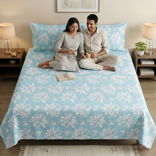 Image of Mafatlal 186 TC Metro Cotton Double Bedsheet | 90 x 100 Inch | Soft Breathable Fabric with 2 Pillow Covers | Lightweight Daily Use Bed Sheet | Arctic Blue